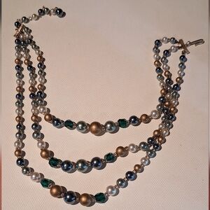 * Vintage Japan 3 Strand Blue & Gold Tone Bead Necklace